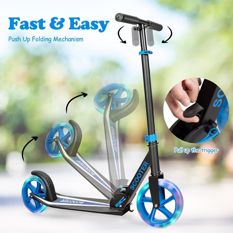 GYMAX Scooter for Adults, 220LBS Folding Aluminum Scooters with LED Flashing Wheels, Carrying Straps, Adjustable Handlebar & Kickstand, Quick Release Portable Kick Scooter for Teens, Youth (Black)