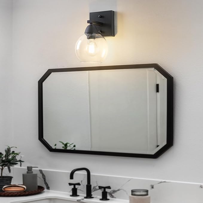 Bathroom Light Fixtures, 1-Light Matte Black Vanity Light with Hand-Blown Thick Glass Shade, High Clarity & Durable, Wall Sconce for Mirror, Kitchen, Bedroom, Hallway