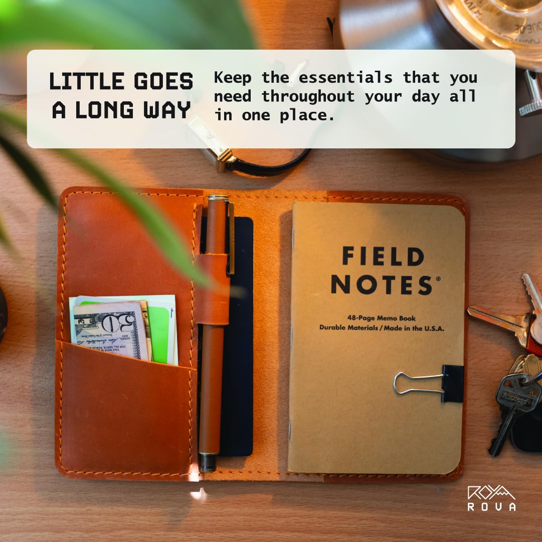 ROVA Field Notes Leather Cover, Full Grain, Fits 3.5" x 5.5" Notebooks, Crafted in the USA, Pocket Journal Cover for Everyday Carry with Pen Holder