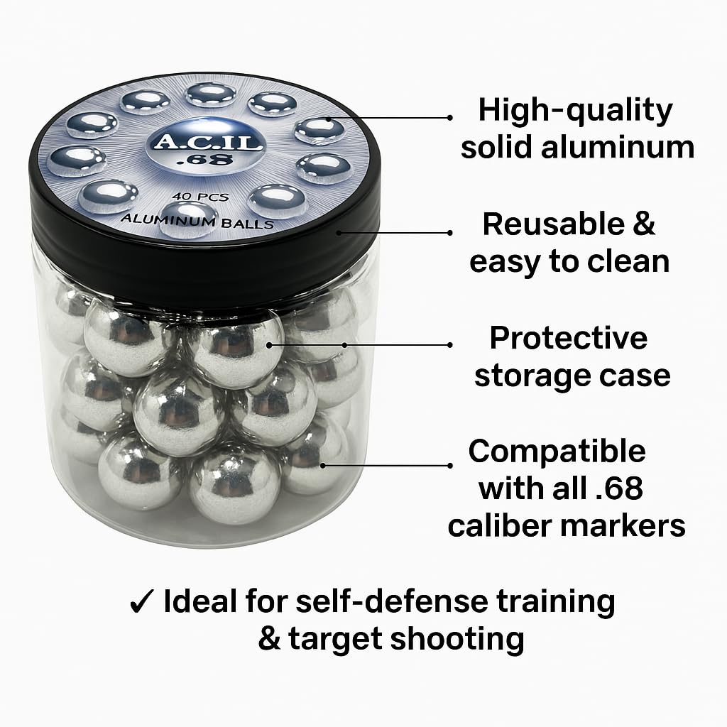 Premium Aluminium Balls .68 Cal. Solid Resuable Paintballs Powerballs for Target Practice, Training and Defense Pistols in 68 Caliber (40 pcs)