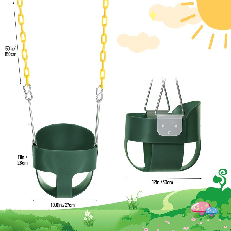 Toddler Swing Seat with Coated Chains, Heavy Duty Kids High Back Bucket Swings with Tree Straps and Hooks for Outdoor, Playground, Backyard, Swing Set Accessories by Domaker, Green