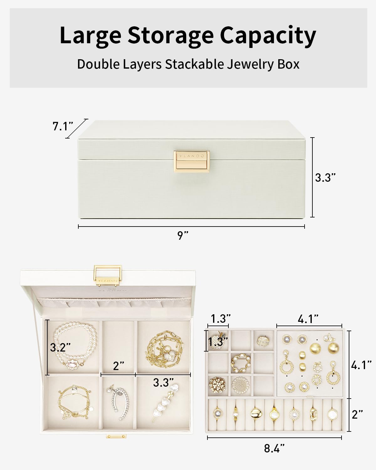 VLANDO Jewelry Box for Women, Gift for Women Girls,2 Layer Jewelry Box,Large Jewelry Organizer for Women Removable Jewelery Tray for Necklace Earrings Rings(Cream White)