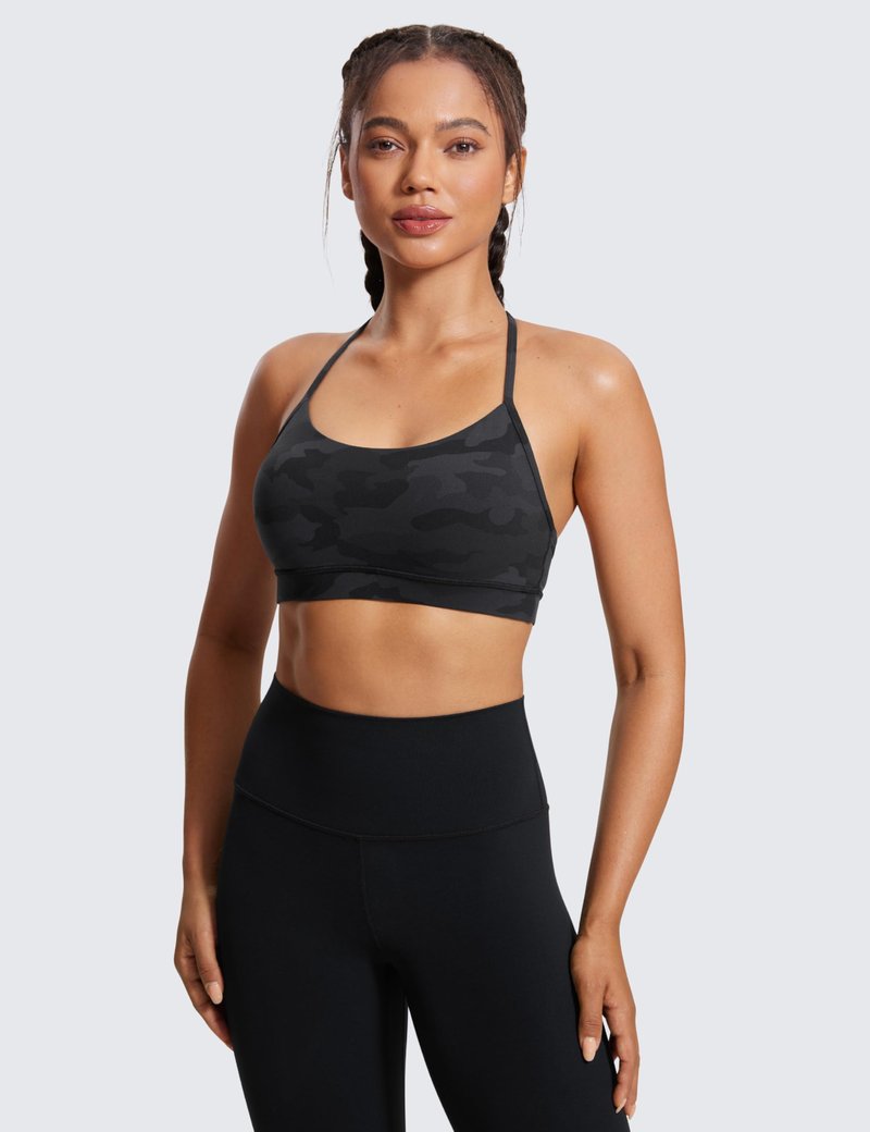 CRZ YOGA Butterluxe Y Back Sports Bras for Women - Padded Racerback Low Impact Spaghetti Thin Strap Workout Yoga Top Dark Grey Camouflage 2 X-Large