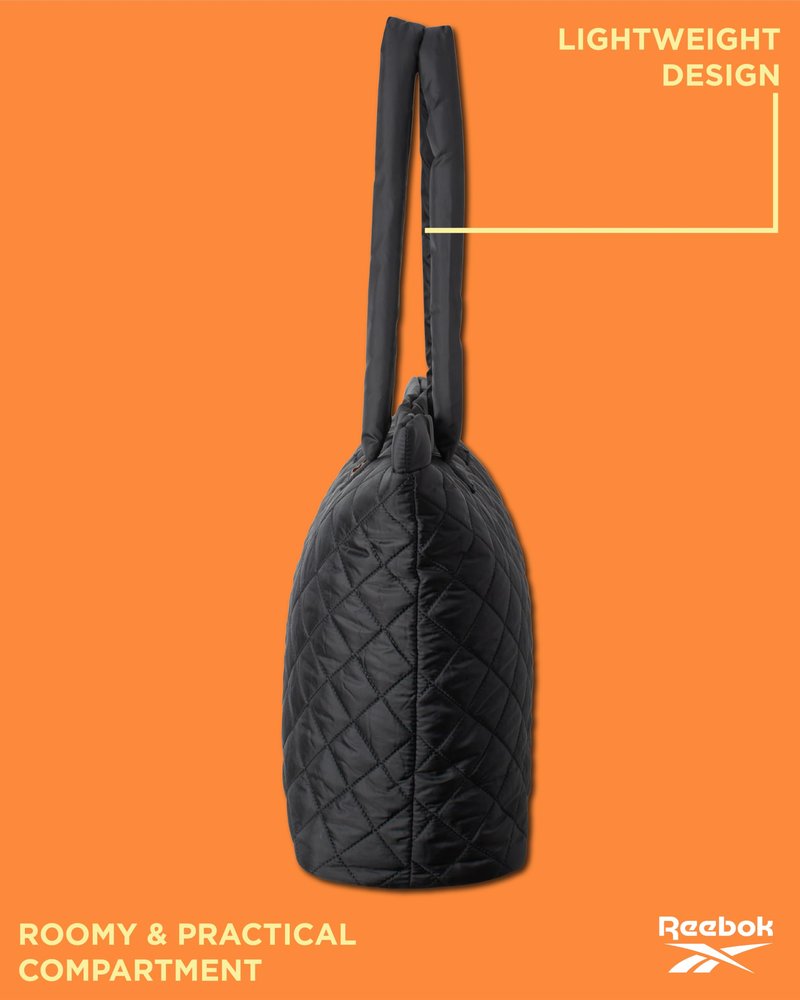 Reebok Womens Tote Bag - Lightweight Carry On Puffer Quilted Tote Bag for Travel Work Travel and Daily Essentials, Size One Size, Barbara Black