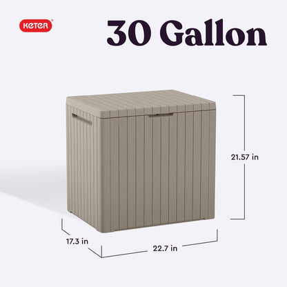 Keter City 30 Gallon Resin Outdoor Storage Box and Patio Furniture Side Table for Pool and Garden Accessories, Beige