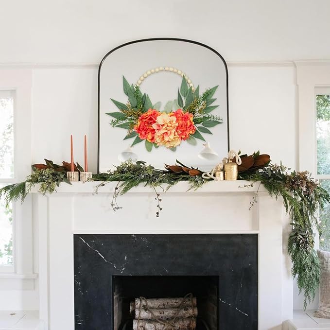 Spring Wreath 10" Artificial Floral Wood Bead Eucalyptus Leaves Peony Hydrangea Wreath for Front Door Boho Farmhouse Wall Decor 2 Pack - Orange