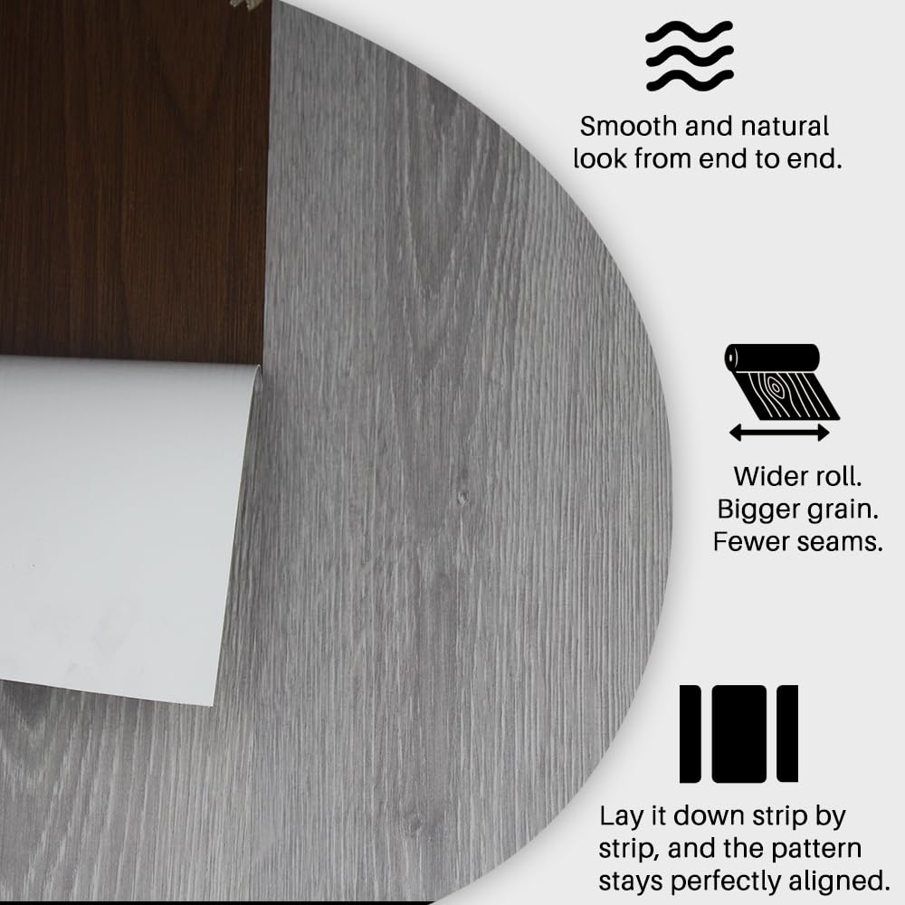 auxua Wood Grain Peel and Stick Floor Tiles – 11.8” Width, Full Roll Length of 394" – Versatile Design for Any Space, Ashline Rustic Self Adhesive Vinyl Flooring, Waterproof and Non-Slip Features