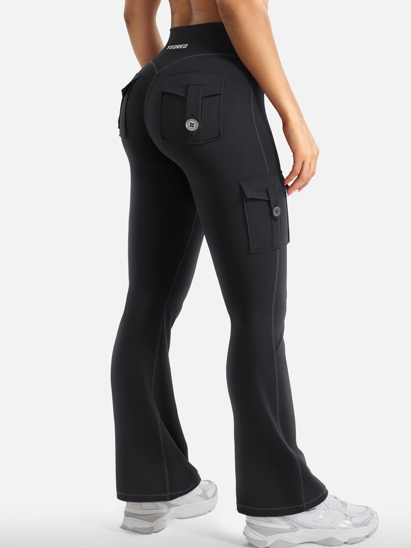 YEOREO CoreFlex Women Workout Flare Leggings with Pockets Scrunch Cargo Gym Yoga Leggings Black XL