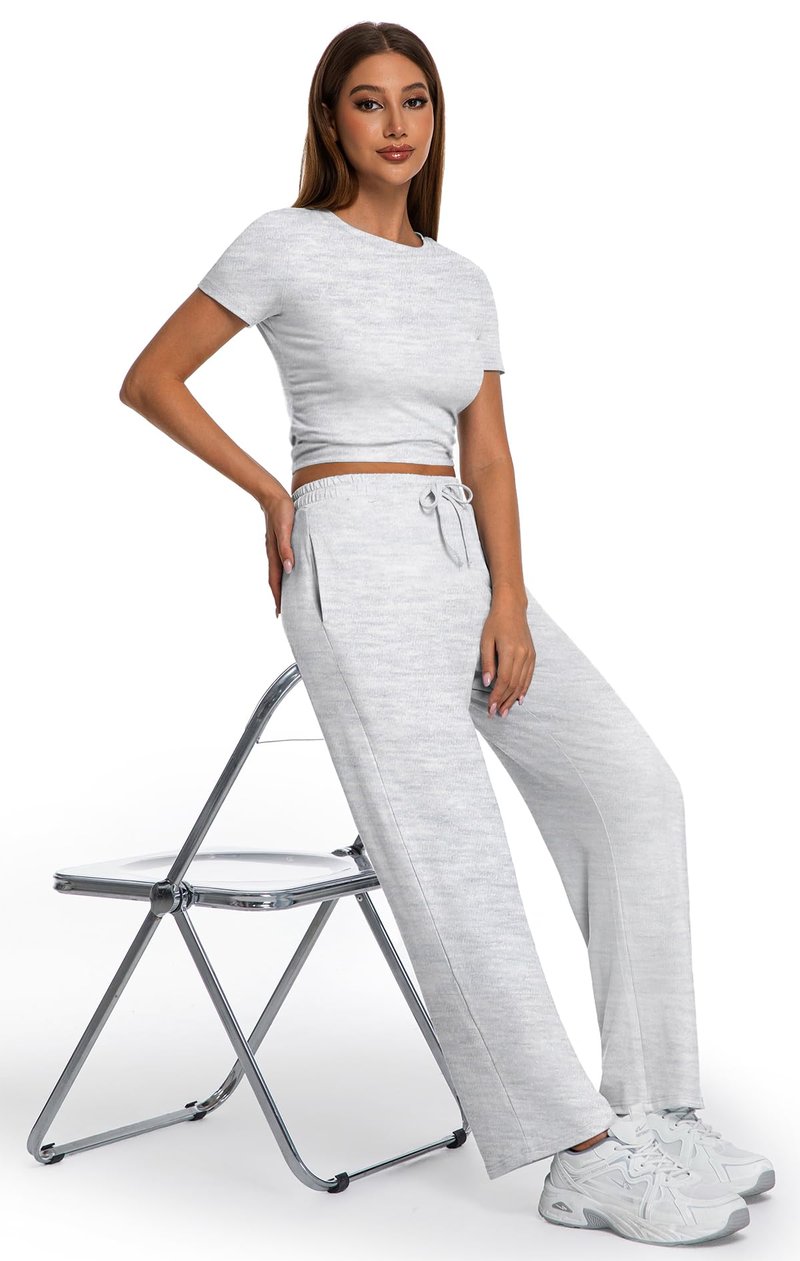 Kivdol 2 Piece Matching Summer Sweatsuit Lounge Set Womens Wide Leg Pants Side Ruching Crop Top Sets