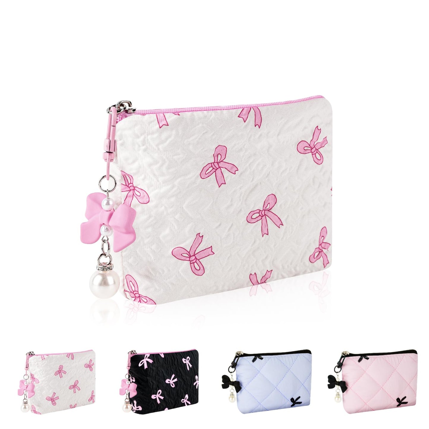 Playexen Mini Makeup Bag, Small Bow Tie Cosmetic Bag for Purse with Keychain, Portable XS Travel Makeup Pouch for Daily Use (Pink)