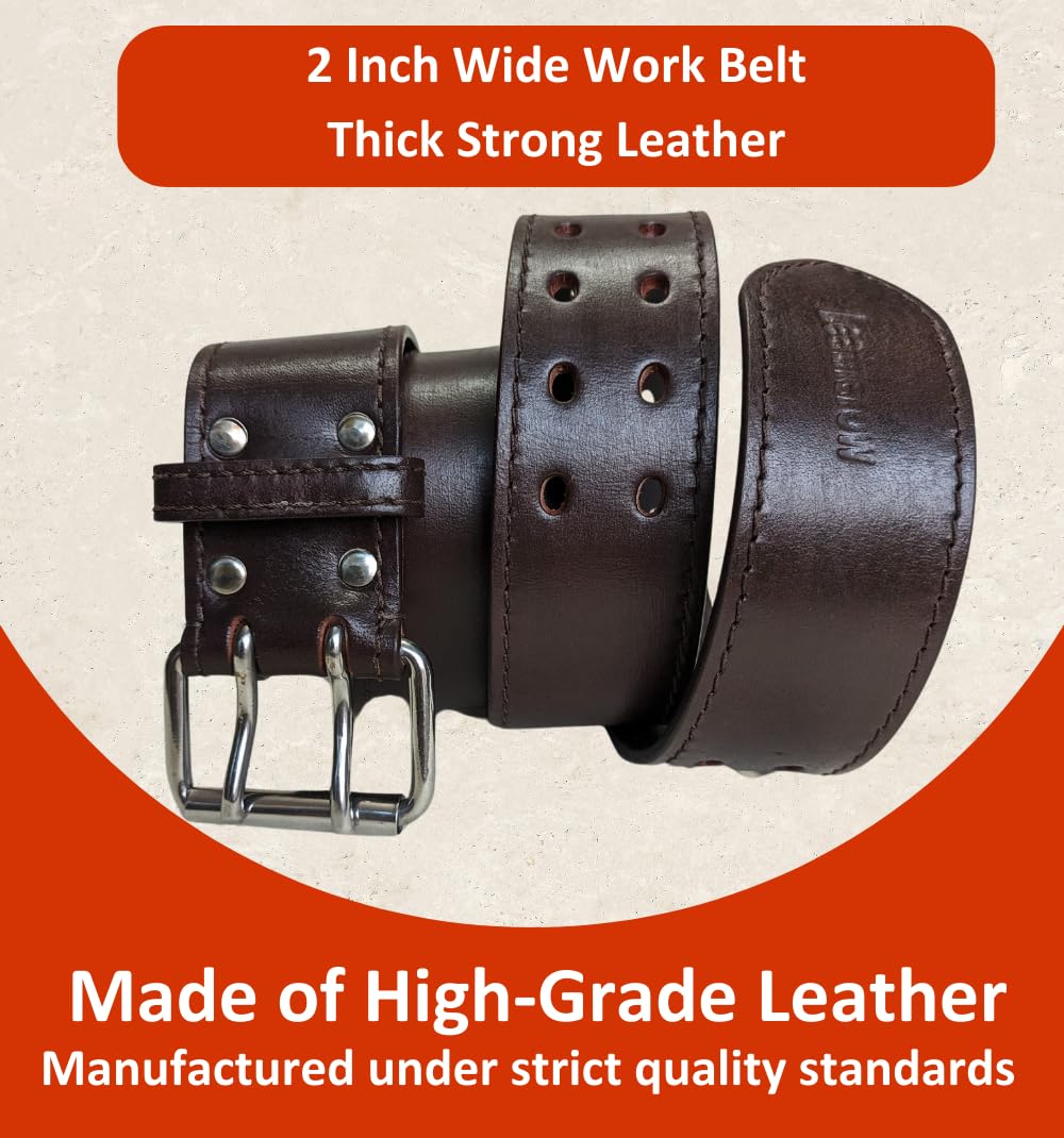 Leatherow 2 Inch Wide Leather Tool Belt for Men Work | Oil Tanned Adjustable Belt for Carpenters, Electricians, Contractors (Brown, 30"-46")