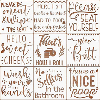 9 Pieces Bathroom Stencils Bathroom Wall Decor Sign Stencils Reusable Quote Saying Stencils Template with Open Ring for Painting on Wood Wall Mirror Bathroom Decor