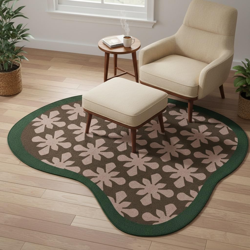 Irregular Shaped Area Rug Unique Aesthetic Green Brown Floral Pattern Rug for Bedroom Livingroom Hallway Entryway Minimalist Mid Century Carpet 3ft Washable No Slip Diningroom Kitchen Floor Rug