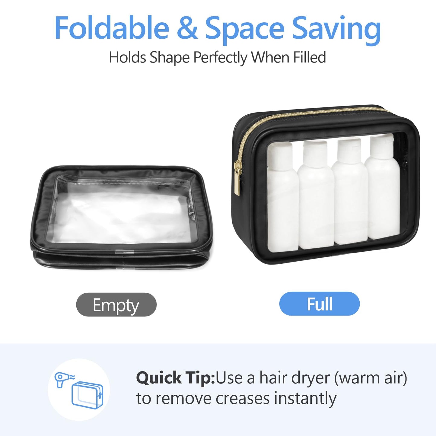 PACKISM 2 Pack Clear Makeup Bag Set (1 Large 1 Medium) - Foldable TSA Approved Toiletry Bag for Carry-on & Checked Luggage, Water Resistant Car Storage Organizer, Black