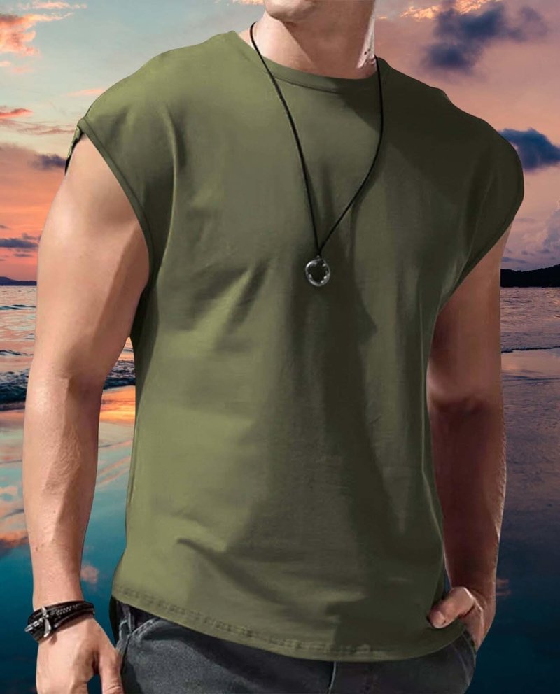 Grafumo Mens Workout Gym Tank Top Crew Neck Cap Sleeve Muscle Shirts Solid Trendy Casual Running Beach Loose Fit Tees Army Green