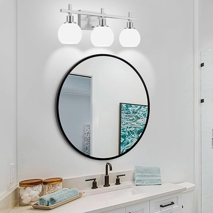 Modern Vanity Lighting Fixtures,3-Light Bathroom Lighting Fixtures Over Mirror，Brushed Nickel Wall Mounted Bathroom Vintage Lamp with Milky White Glass Lampshade for Living Room，Bedroom