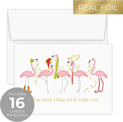 Canopy Street Masterpiece Fashion Flamingos Christmas Cards / 16 Holiday Card Set With Gold Foil And White Envelopes / 5 5/8" x 7 7/8" Winter Greeting Cards With Inside Verse/Made In The USA