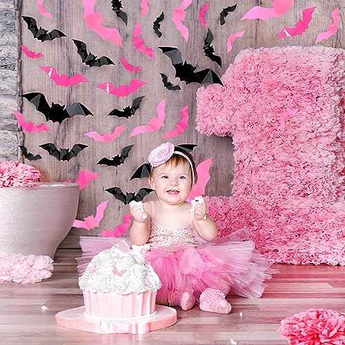 Whaline 224Pcs Halloween Wall Decoration 3D Bats with Foam Adhesive Black Pink Rose Red Waterproof Spooky Bats Stickers Hocus Pocus Party Supplies for Halloween Home Wall Window Door Decor, 4 Sizes
