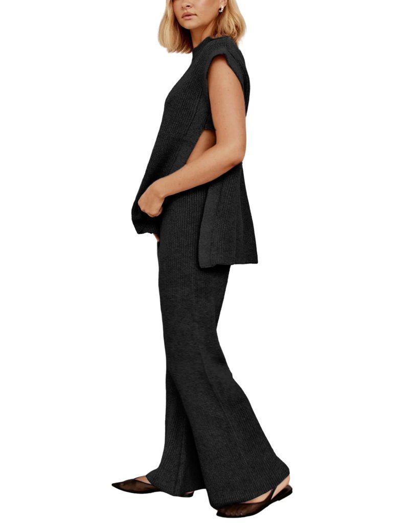 Lviefent Womens 2 Piece Outfits Sweater Set Sleeveless Side Slit Pullover Top Knit Wide Leg Pants Lounge Matching Sets (Black-L)