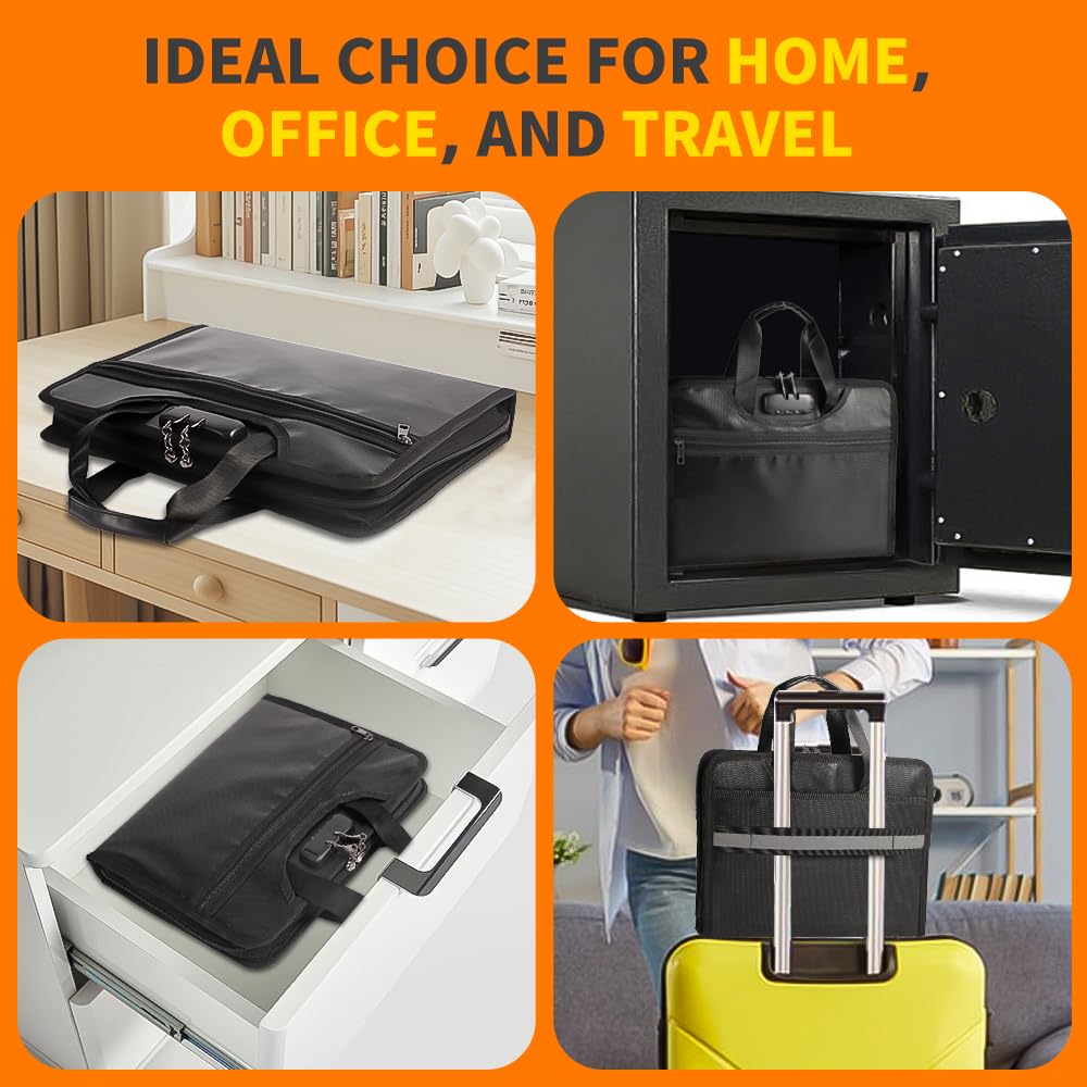 Fireproof Accordion File Organizer, Expanding File Folder with Lock & 13-Pocket, Black Important Document Organizer for Letter A4 Files, Travel Friendly with Luggage Strap