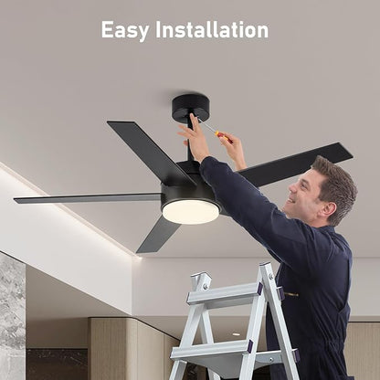 52 Inch Modern Ceiling Fan with Light, 5 Blades, Remote Control, Reversible DC Motor, Stepless Dimmable, Noiseless for Indoor and Use, Black