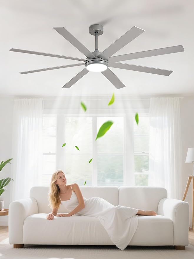 Depuley 66" Ceiling Fans with Lights: Large Indoor/Outdoor Ceiling Fan for Patios Living Room - 8 Blades Silver Dimmable Ceiling Fans with Remote APP Control Timer Reversible Quiet DC Motor 6 Speeds