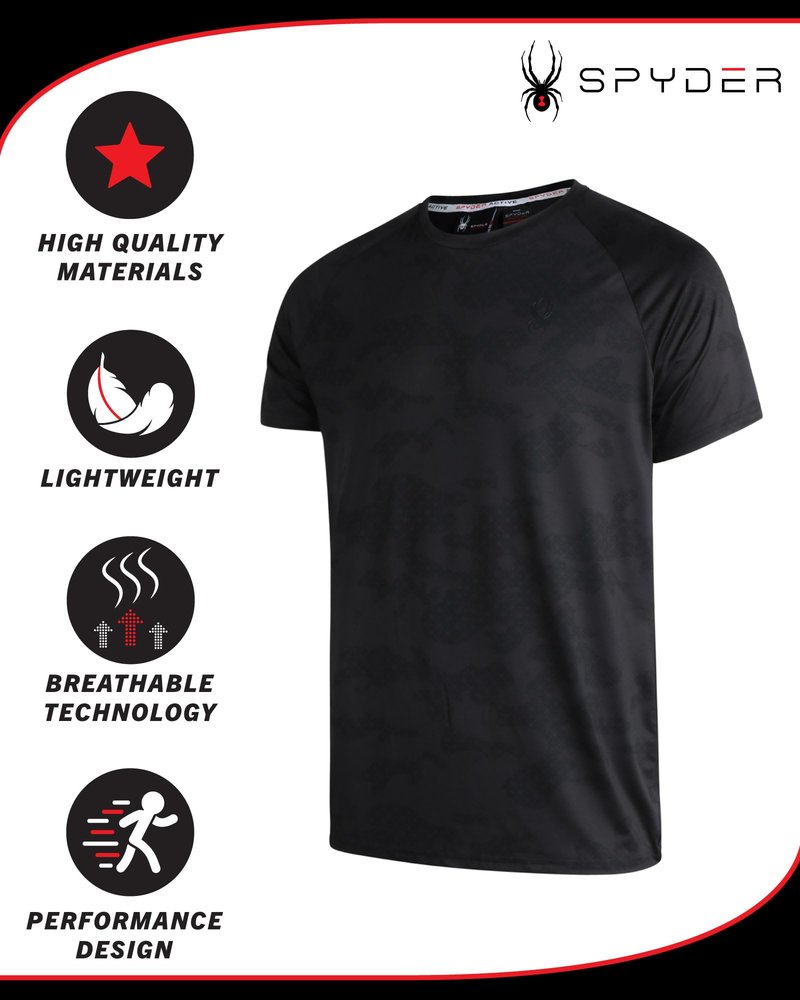 Spyder Mens Active Shirt - Crewneck Dry Fit Mens Workout Shirts Short Sleeve Camo Fitted Athletic Gym Shirts for Men, Size Medium, Blazing Black