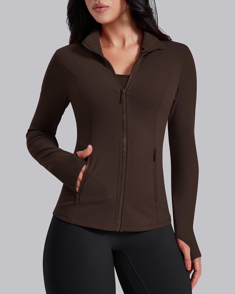 AVGO Womens Workout Jackets Lightweight Athletic Zip Up Jacket Slim Fit Running Gym Top with Pockets & Thumb Holes(Roasted Brown, S)