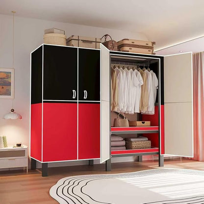 Foldable Portable Wardrobe Closet with Magnetic Doors & Cover, Heavy Duty Covered Clothes Rack with Hanging Clothing Rod, Metal Frame Standing Alone Closet for Bedroom (Door Design A, 70.9IN/180CM)