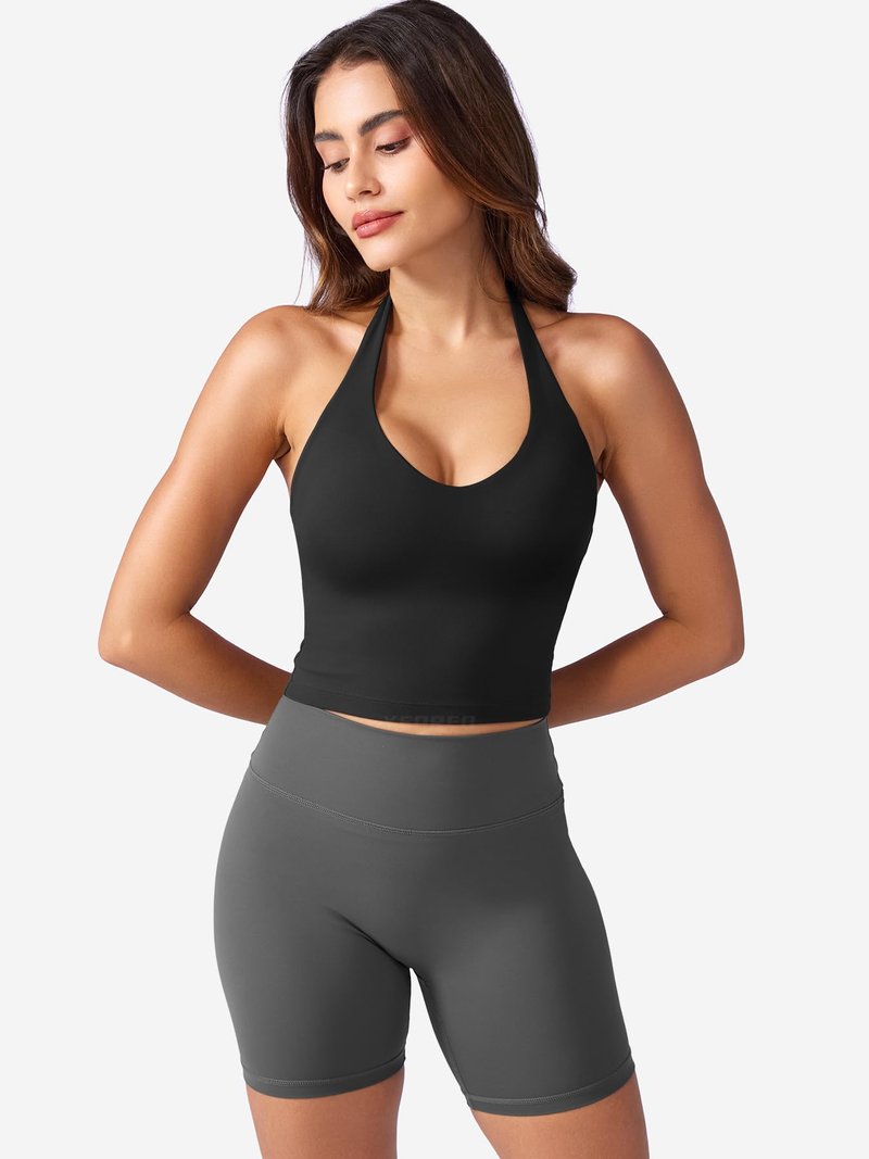 YEOREO CoreFlex Women's Halter Crop Top V Neck Workout Going Out Tank Top Padded Sleeveless Backless Trendy Summer Camisole Black Small
