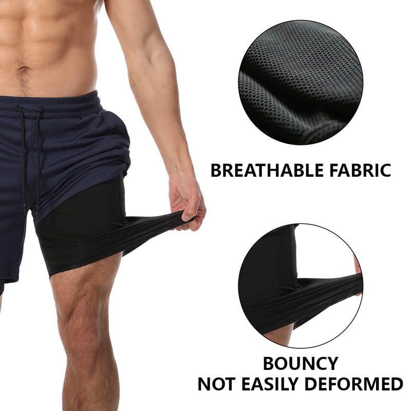 JWJ Men's 2 in 1 Workout Running Shorts 7 Inch Lightweight Athletic Gym Shorts with Compression Liner Camouflage Khaki L