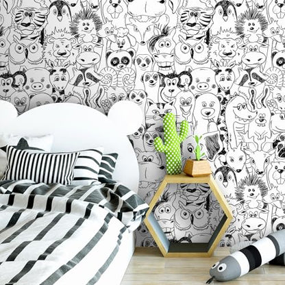 FunStick Black and White Wallpaper Peel and Stick Modern Animal Wall Paper Self Adhesive Vinyl Fun Lion Tiger Deer Dog Animal Contact Paper Removable Wallpaper for Kids Room Bedroom Walls 17.5"x118"