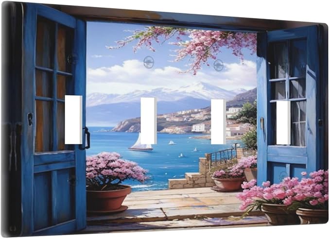 Decorative Art Light Switch Covers Seaside Window View Quad Toggle 4 Gang Wall Plate Switch plate Electrical Faceplate for Home Decor