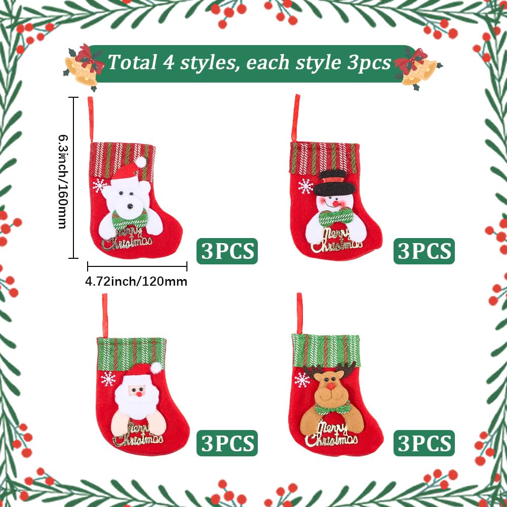SOFPLATE 4 Styles 12Pcs Mini Christmas Stockings Christmas Hanging Stockings Bulk 3D Plush Santa Snowman Reindeer Bear Decorations for Home Decorations Tree Ornaments Party Favor Supplies Gift Holder
