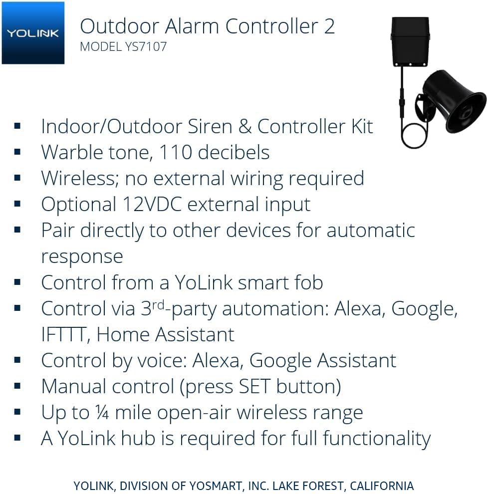 YoLink Outdoor Security Siren & Smart Alarm Controller Kit - Loud 110 dB, Wireless, Battery-Powered, 1/4 Mile Range, Android-iOS App, Alexa, Google, IFTTT, Home Assistant, Hub Required!