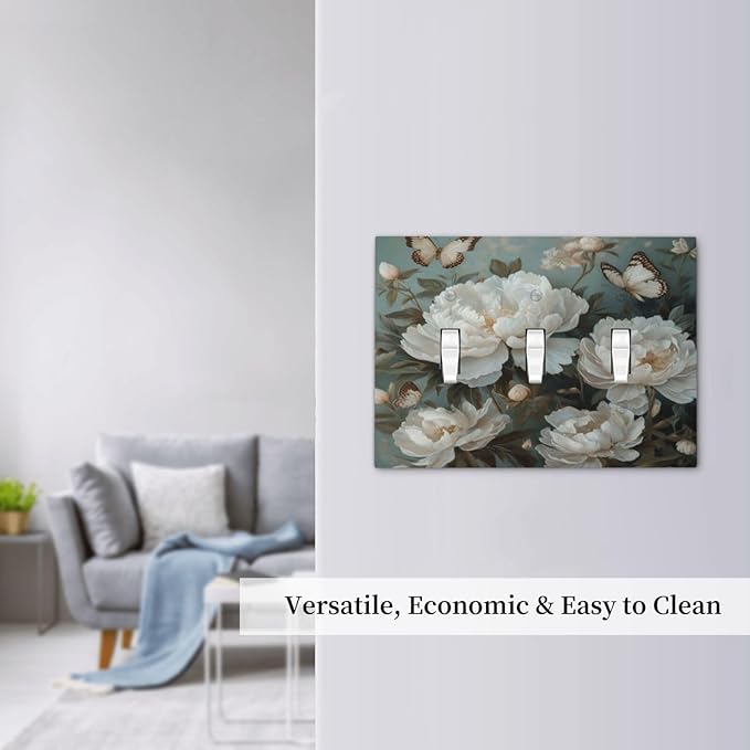 Decorative Art Light Switch Covers Butterflies & Peonies 3 Gang Triple Toggle Wall Plate Decorative Switch plate Electrical Faceplate for Home Decor