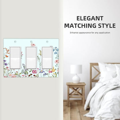 Rustic Wild Floral Vintage Blue Watercolor Flower 3 Gang Rocker Light Switch Covers Decorative Unique Triple Outlet Wall Plate Cover Faceplate Decorative Switchplate GFCI for Bedroom