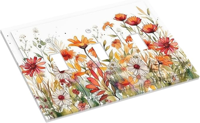 Watercolor Wild Flower Floral 3 Gang Light Switch Covers Triple Toggle Wall Plate Decorative Switchplate Electrical Faceplate for Nursery Bedroom Bathroom Decor