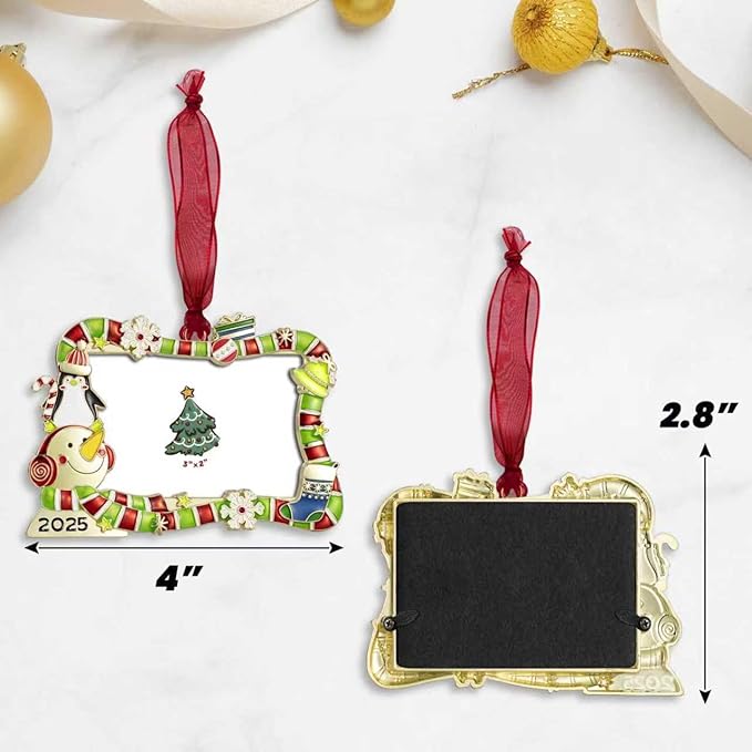 2025 Christmas Tree Ornament Picture Frame Ornament Made of Zinc Alloy Glitter Powder Pendant 3x2 Picture Frame for Pet, Baby Holiday Keepsake Gift (Snowman Snowflake, Golden)