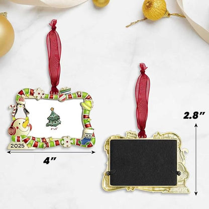 2025 Christmas Tree Ornament Picture Frame Ornament Made of Zinc Alloy Glitter Powder Pendant 3x2 Picture Frame for Pet, Baby Holiday Keepsake Gift (Snowman Snowflake, Golden)