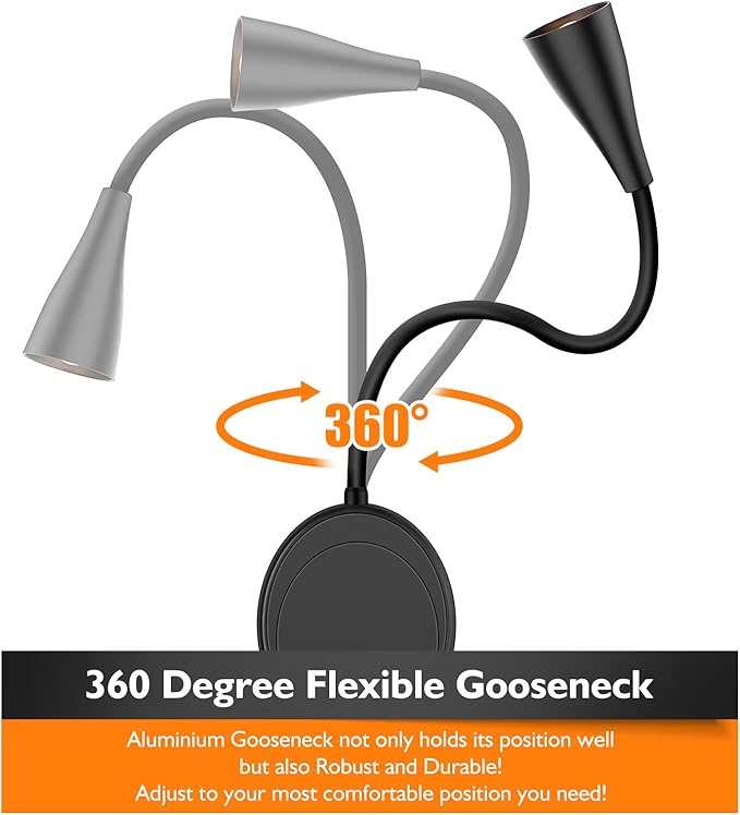 LED Wall Mount Reading Light, Bedside Reading Lights with Touch Control, 5 Dimmable, USB Output, Night Light & Timers, Flexible Gooseneck Headboard Bed Lights Wall Sconce
