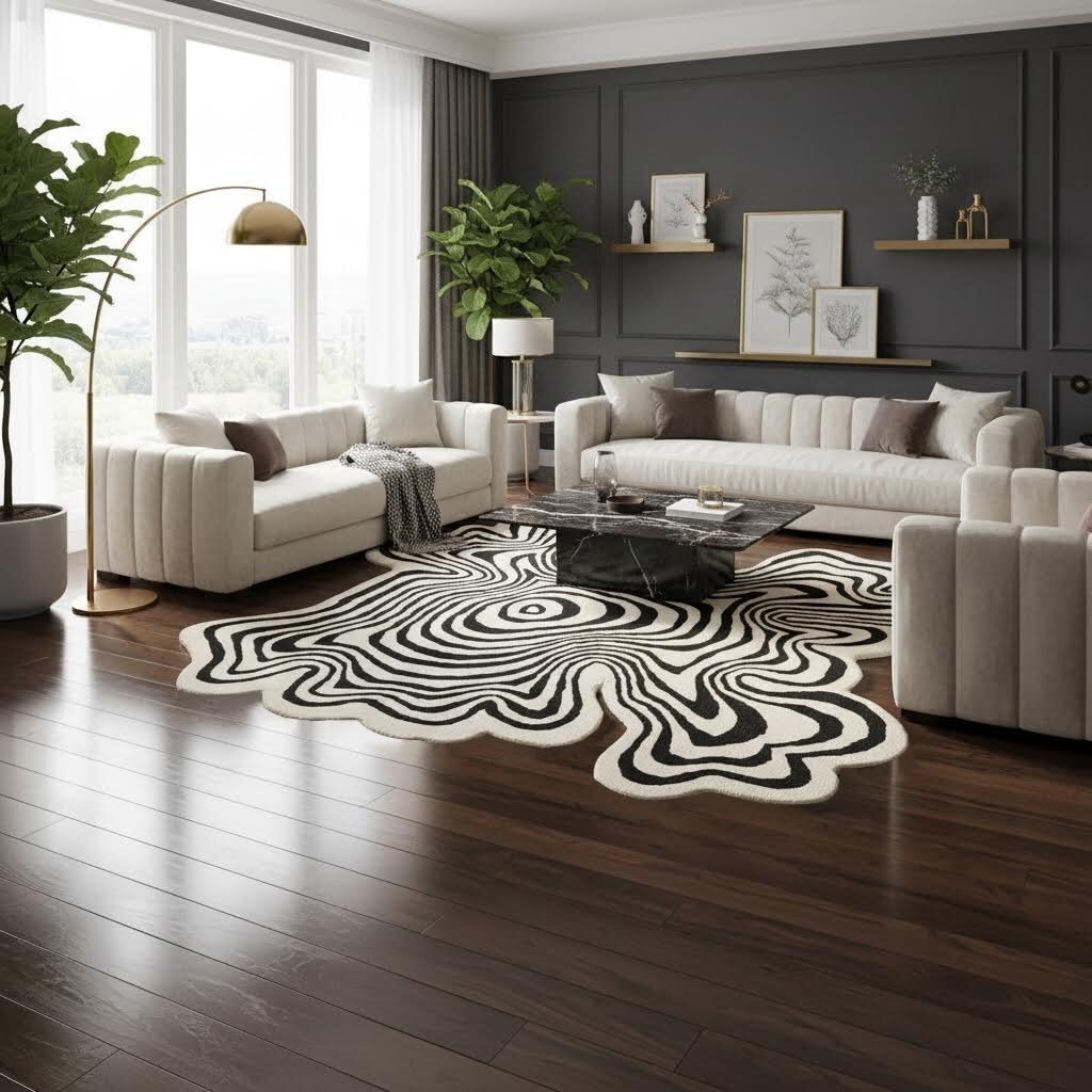 Irregular Shaped Black Beige Large Square Rug 5x5 Illusion Abstract Striped Pattern Washable Easy Clean Deco Rugs Living Room Diningroom Bedroom Playroom Guestroom Home Office Modern Carpet