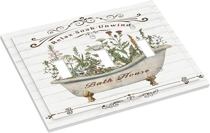 Rustic Farmhouse Wooden Board Botanical Flower 3 Gang Wall Plates Decorative Triple Toggle Light Switch Cover Electrical Switchplate Unused Decorate Faceplate for Bathroom Home