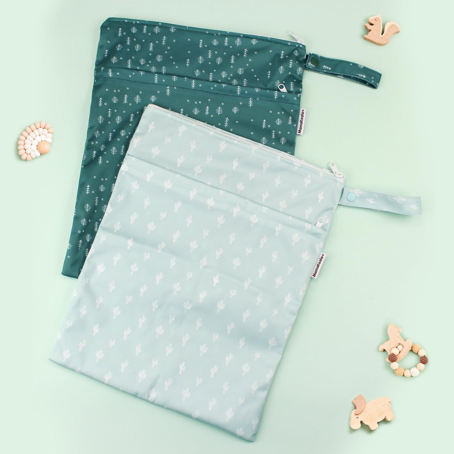 Mama Koala 2 Pack Wet Dry Bags on the Go, Swimming Pool, Beach, in Gym, Fitness Center, Natatorium, Polyester Waterproof Diaper Bag with 2 Pockets, Portable, Reusable, Machine Washable-12in/16in-017