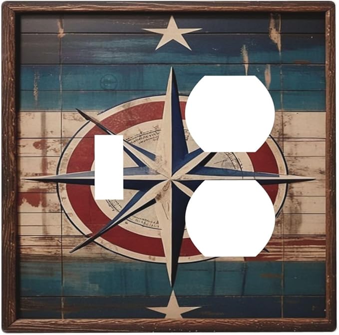 Decorative Art Light Switch Covers Nautical Rustic Star Emblem 2 Gang Single Toggle Duplex Combination Electrical Faceplate Switchplate Wall Plate for Home Decor