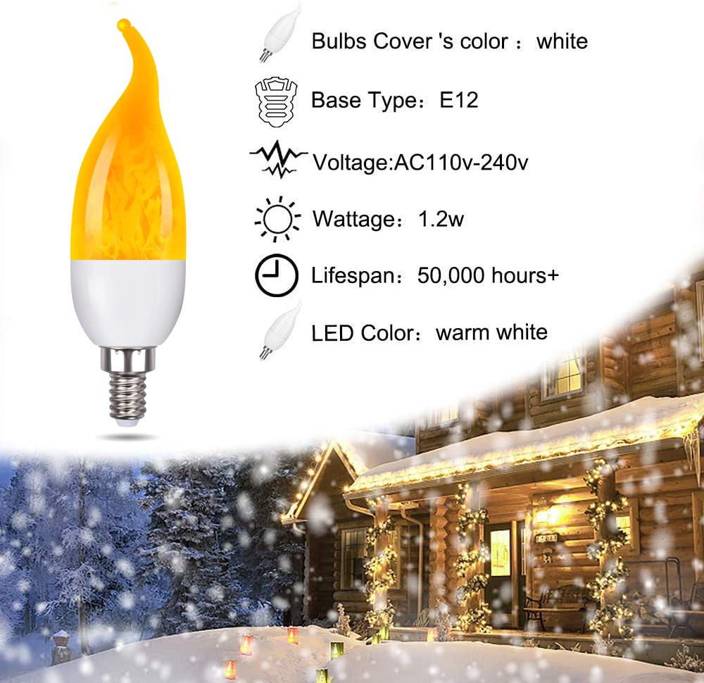 Venforze E12 3 Mode LED Candelabra Flame Light Bulbs 8 Pack, 1.2W Warm White, 1800k Candle Light, Flame Tip for Christmas Party Decorations