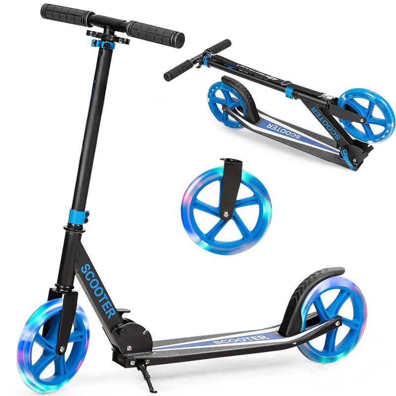 GYMAX Scooter for Adults, 220LBS Folding Aluminum Scooters with LED Flashing Wheels, Carrying Straps, Adjustable Handlebar & Kickstand, Quick Release Portable Kick Scooter for Teens, Youth (Black)