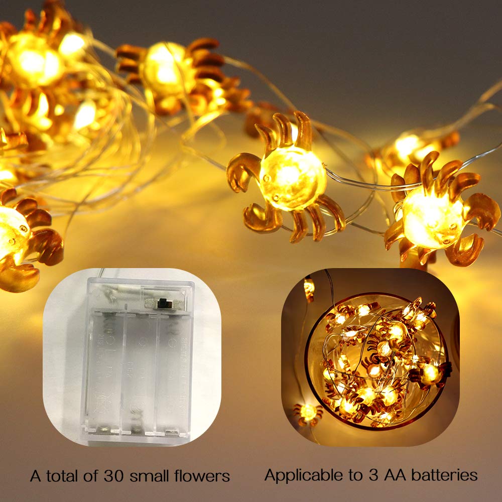 LED String Lights Crab Sea Beach Theme 10ft 30 LEDs Battery Operated Copper Wire Night Light Waterproof Indoor Bedroom Children Girls Room Wall Décor Party Decorations