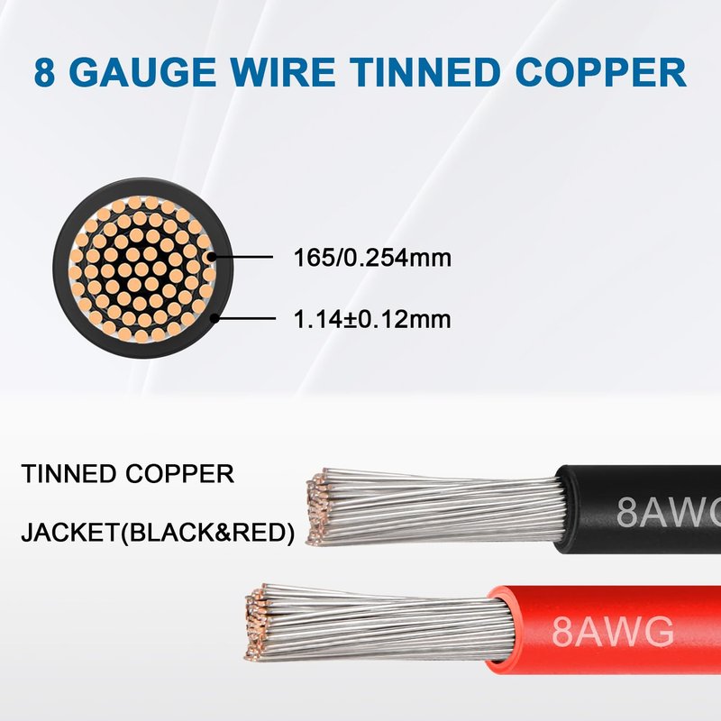 8 Gauge Marine Wire, 8 AWG Tinned Copper Electrical Wire, Boat Cable for Automotive, Solar, Car Audio, Trailer, Camper & Marine Wiring(8 AWG, 5FT Red + 5FT Black)