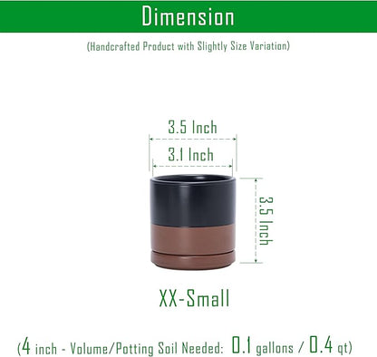 D'vine Dev Set of 2 Plants Pots, 3.5 Inch Ceramic Planter Pot for Plants with Drainage Hole and Saucer, Black/Speckled Tan, 94-V-A-7